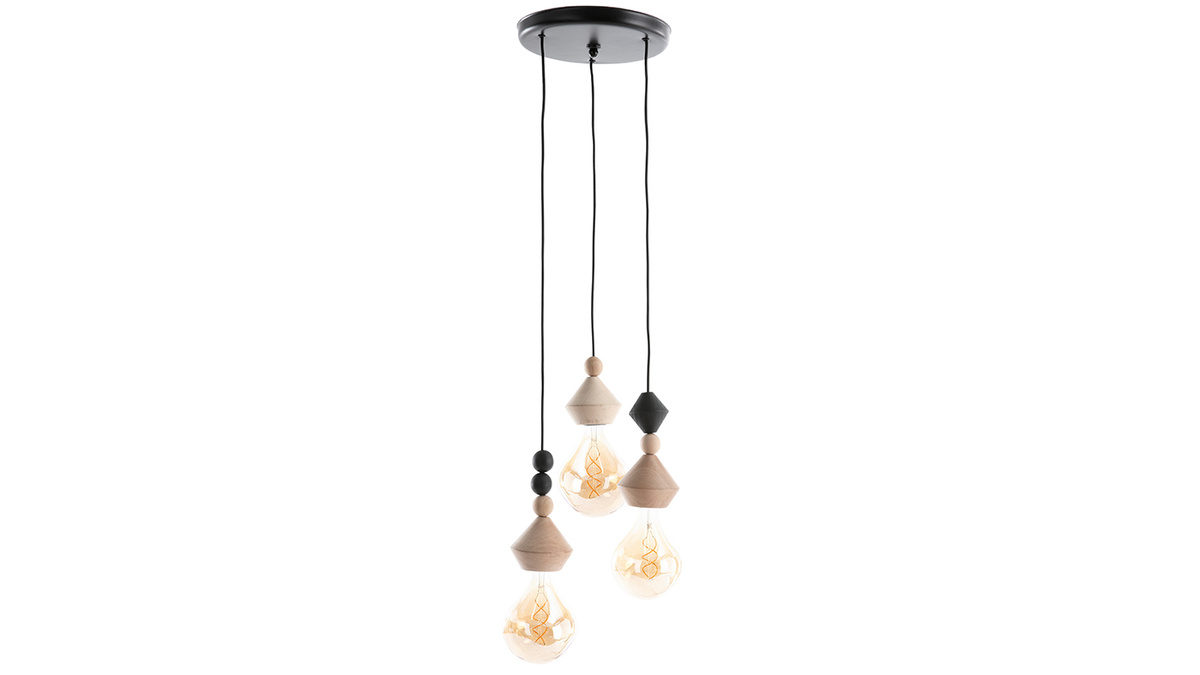 Lámpara de techo con 3 bombillas con cuentas de madera maciza AKOYA 
